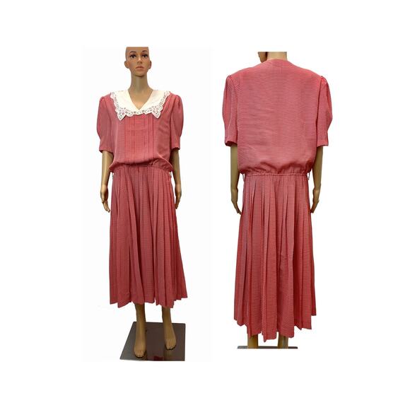 80s 90s Red & White Gingham Midi Dress | Pleated Skirt | Irish Linen Collar - Picture 8 of 10